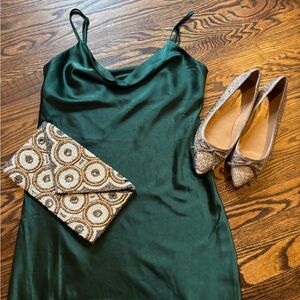 Gorgeous deep green silk like slip dress in midi length size XS